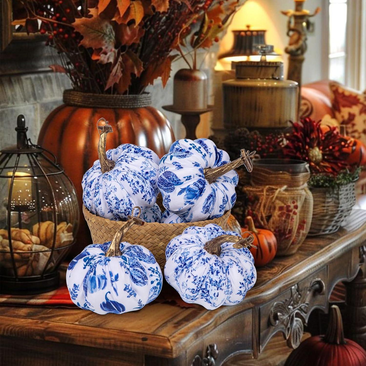 4er Set Blauer Weiße Stoffkürbis Künstlich Deko Herbst Halloween OTTO