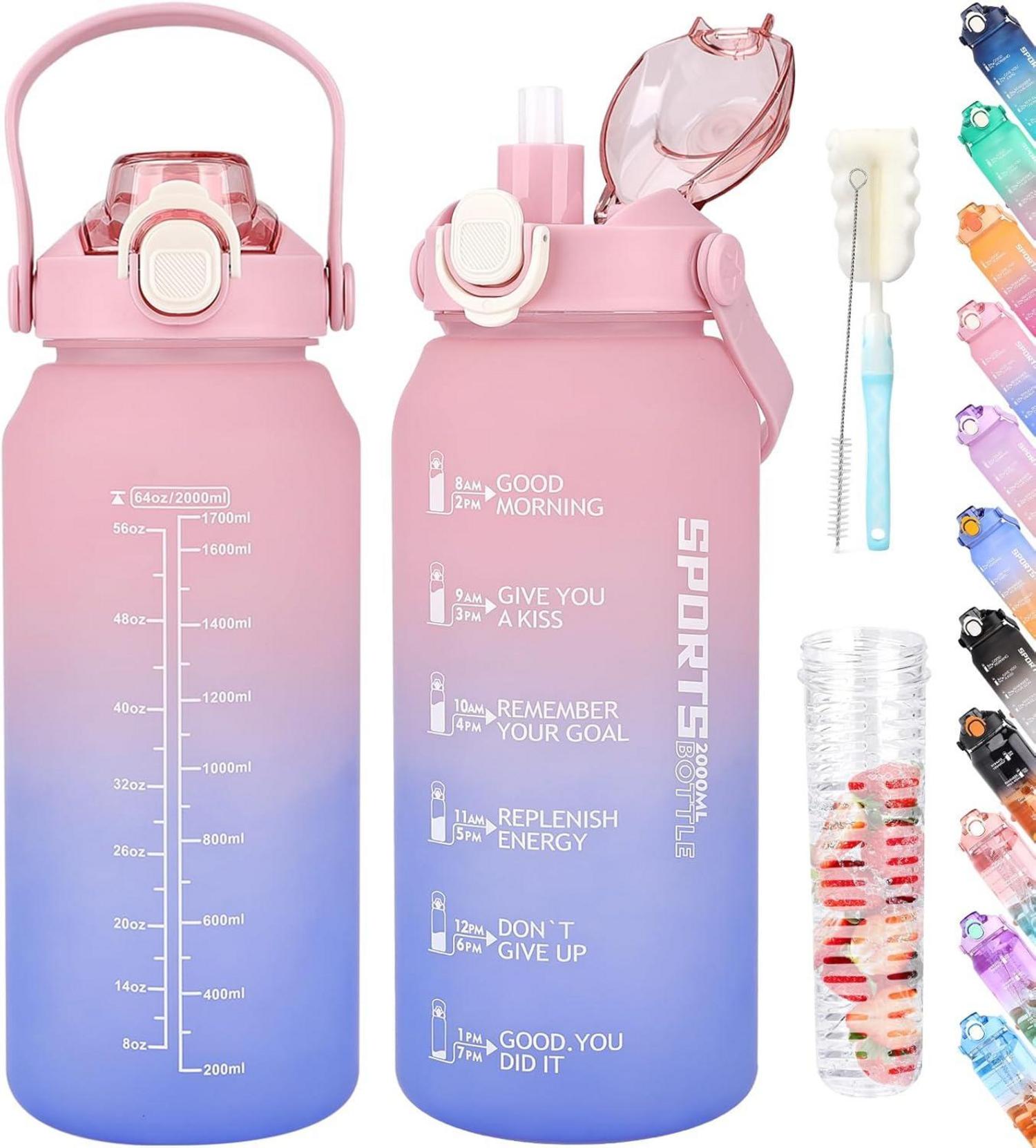 Trinkflasche 2l mit Strohhalm & Zeitmarkierung, BPA