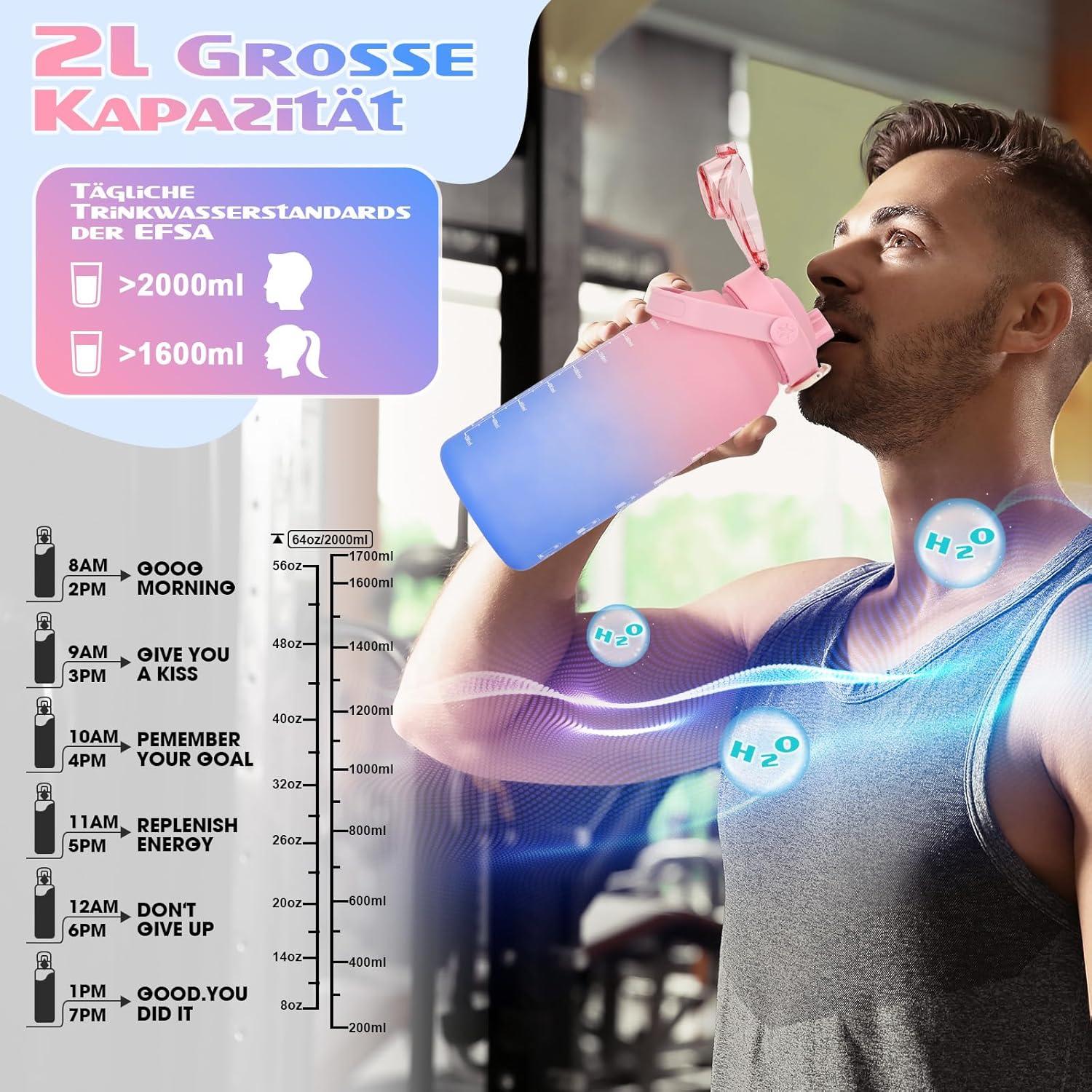 AOPREL Trinkflasche 2l mit Strohhalm & Früchtebehälter, BPA Frei, Sportflasche für Fitness, Yoga, Outdoor