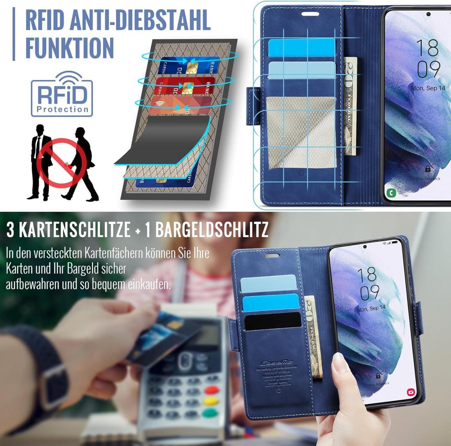Samsung Galaxy S21 Hülle Klappbar PU Leder RFID Schutz Blau 5G