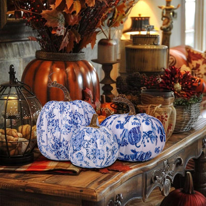 3er Set Künstlicher Kürbis Deko Herbst Halloween Blau Weißer