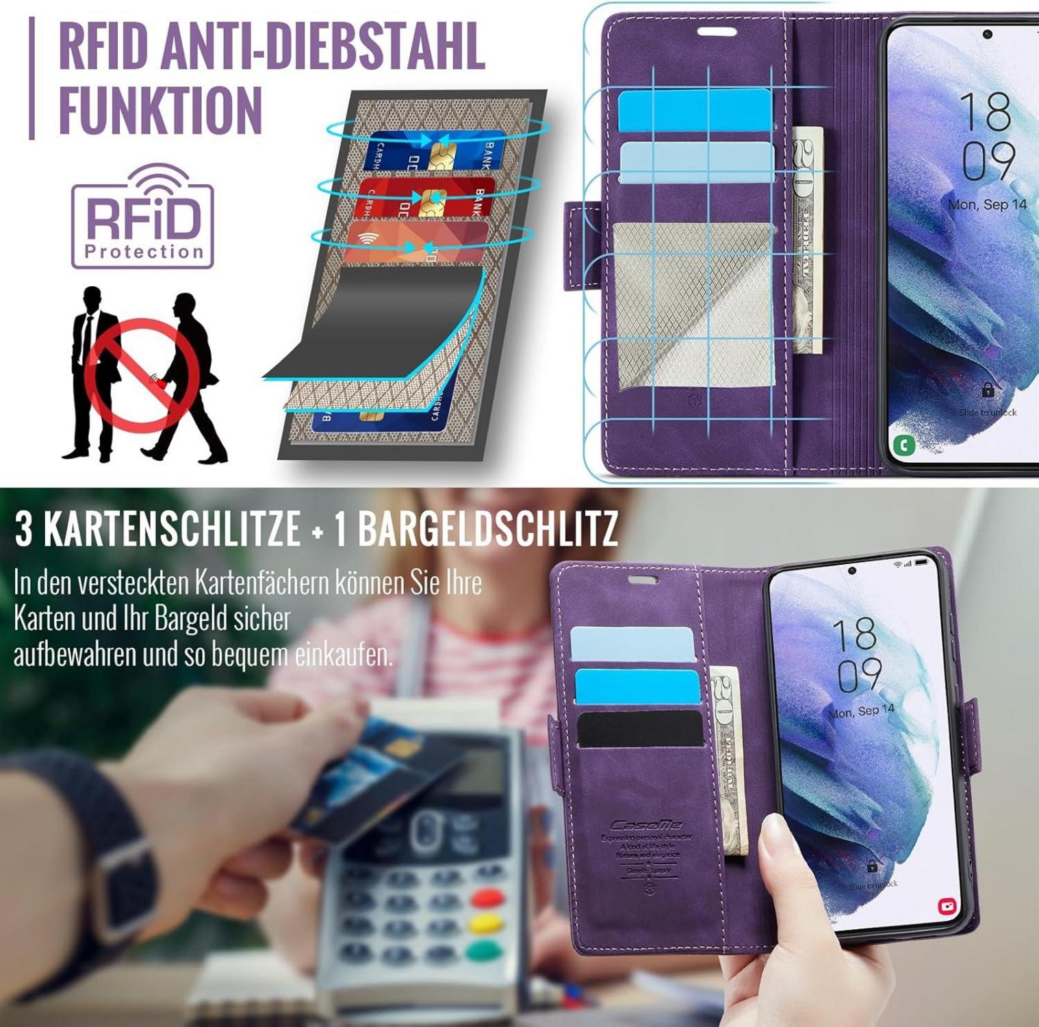 Samsung Galaxy S21 Handyhülle RFID Schutz Premium PU Leder Klapphülle mit Kartenfach und Standfunktion, Lila