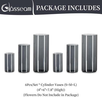 Glasvase Zylinder Vase Grau 6 Stück Set Wohnzimmer Deko Glaszylinder