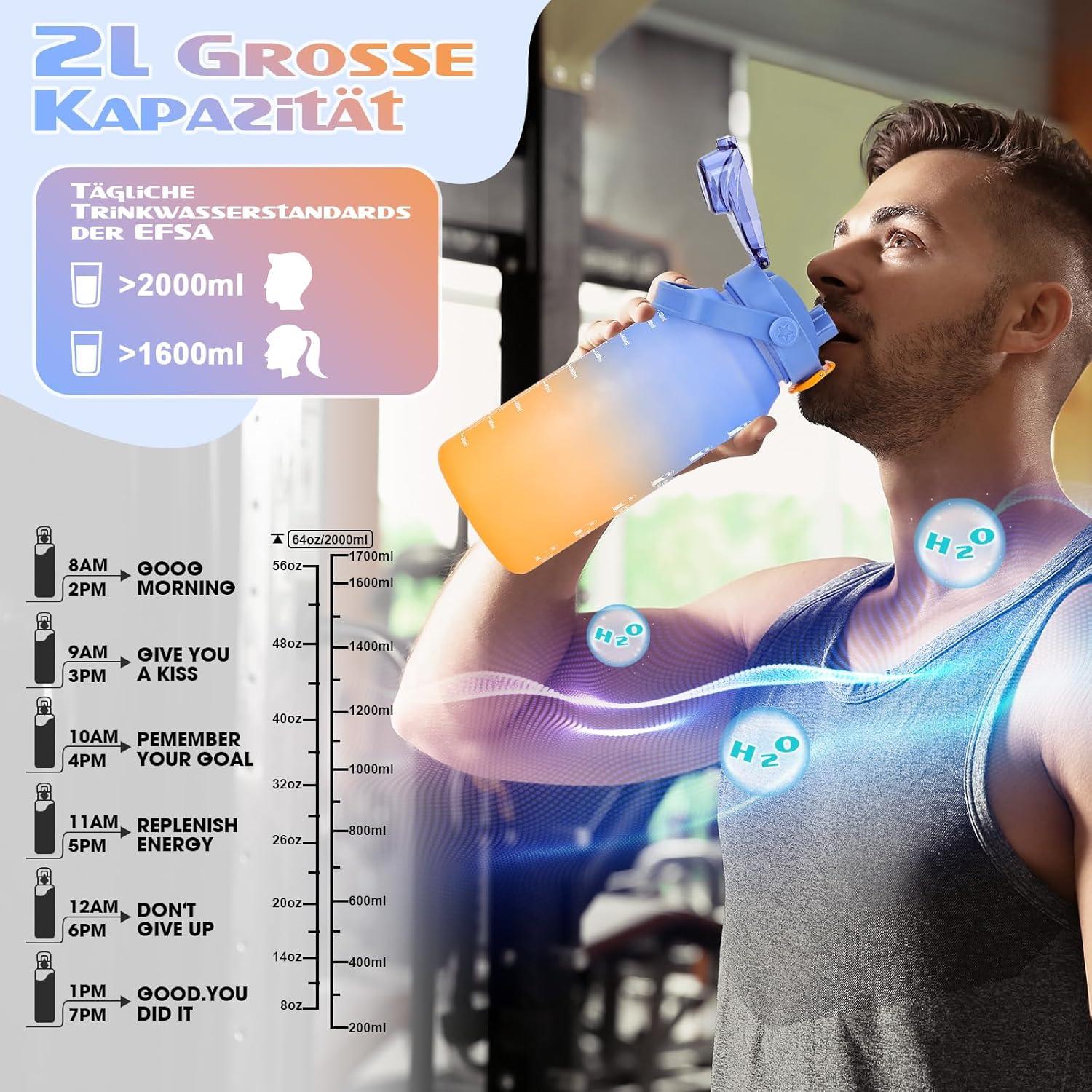 AOPREL Trinkflasche 2l mit Strohhalm, Früchtebehälter, Zeitmarkierung - BPA Frei, Auslaufsicher. Ideal für
