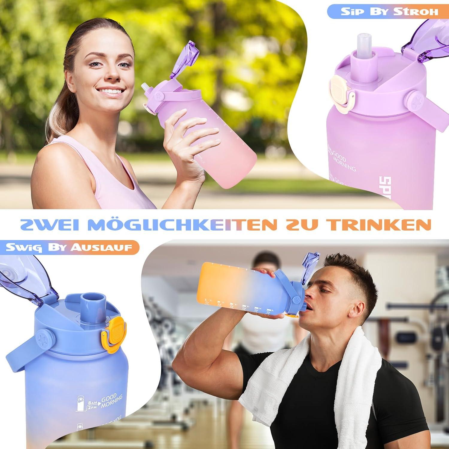 AOPREL Trinkflasche 2l mit Strohhalm, Früchtebehälter, Zeitmarkierung