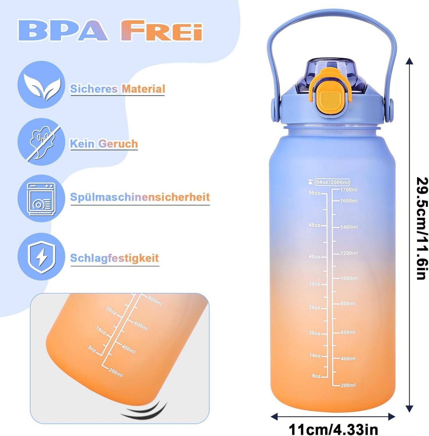 Trinkflasche 2l mit Strohhalm & Früchtebehälter, BPA