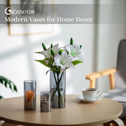Glasvase Zylinder Vase Grau Set 3 Stück 10/15/20cm - Moderne Blumenvasen für Tischdeko & Wohnzimmer - Glaszylinder Windlicht