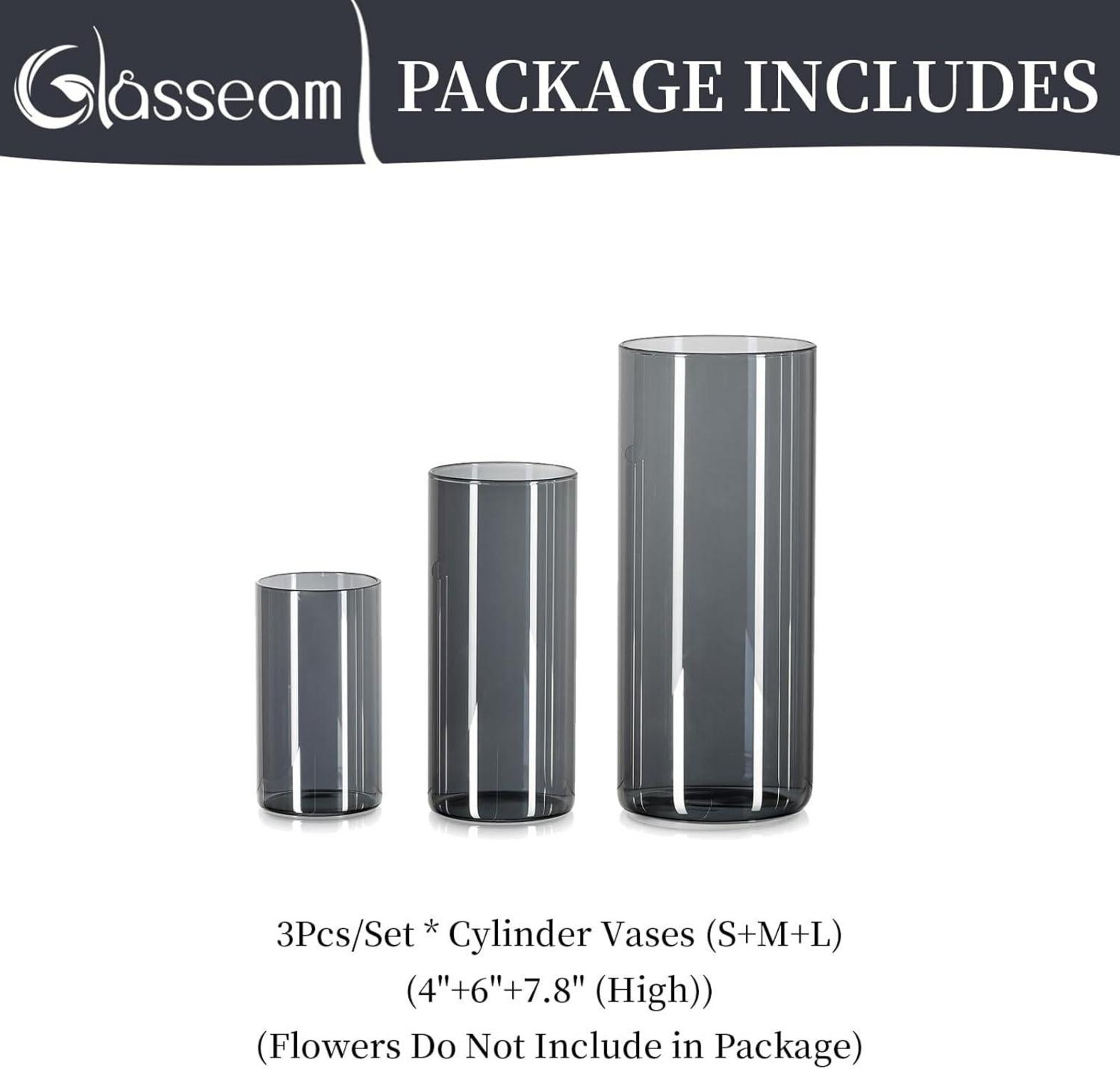 Glasvase Zylinder Vase Grau 3 Stück Set Wohnzimmer Deko Runde