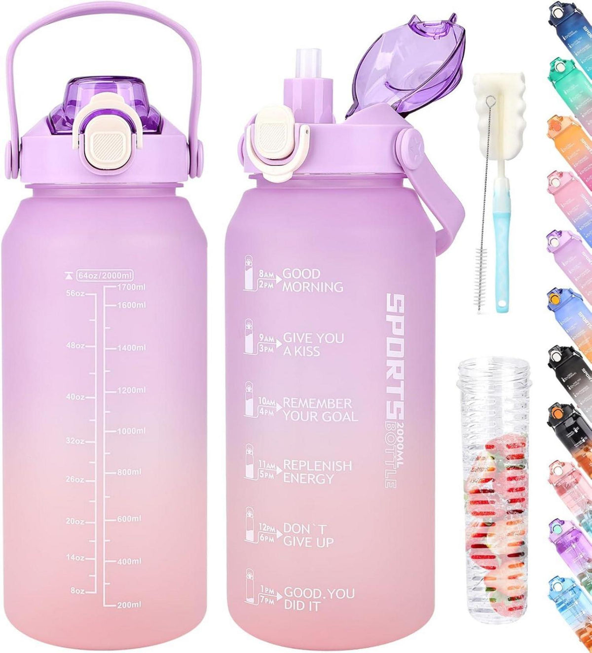 Trinkflasche 2l Sport Wasserflasche Zeitmarkierung und Früchtebehälter