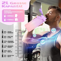 AOPREL Trinkflasche 2l mit Strohhalm & Früchtebehälter, BPA frei, Auslaufsicher, Zeitmarkierung, Sportflasche für Fitness, Yoga, Outdoor