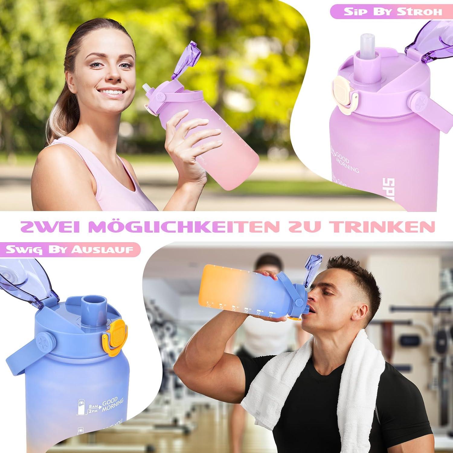 AOPREL Trinkflasche 2l Sport mit Strohhalm Früchtebehälter Zeitmarkierung