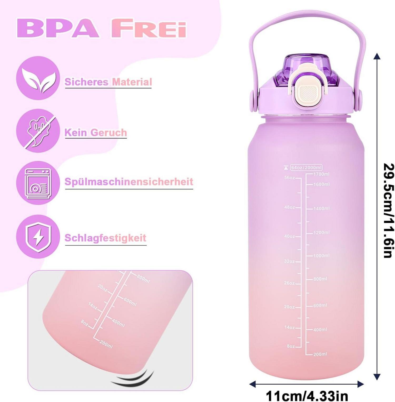 Trinkflasche 2l mit Strohhalm, Früchtebehälter, Zeitmarkierung - Lila