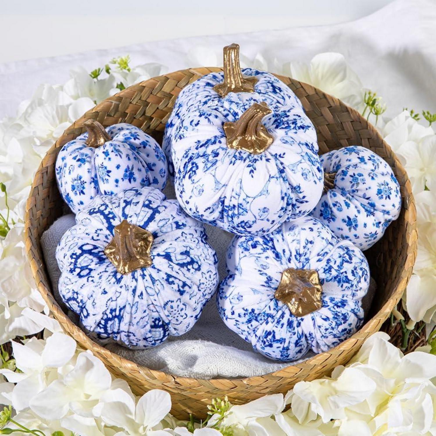 6er Set Künstlicher Blauer und Weißer Kürbis Deko für Herbst Wohnzimmer Halloween