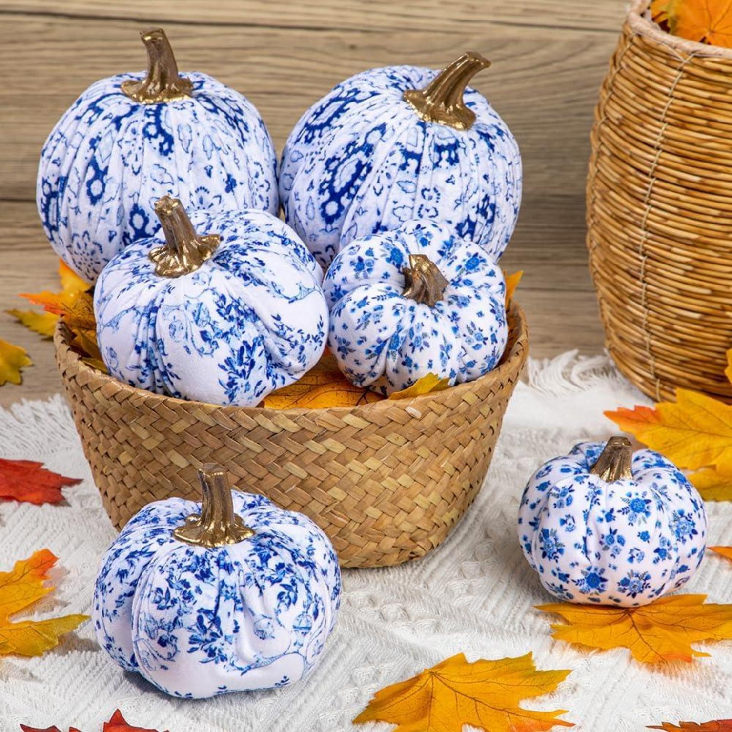 6er Set Künstliche Deko Kürbisse Herbst Halloween Weiß Blau