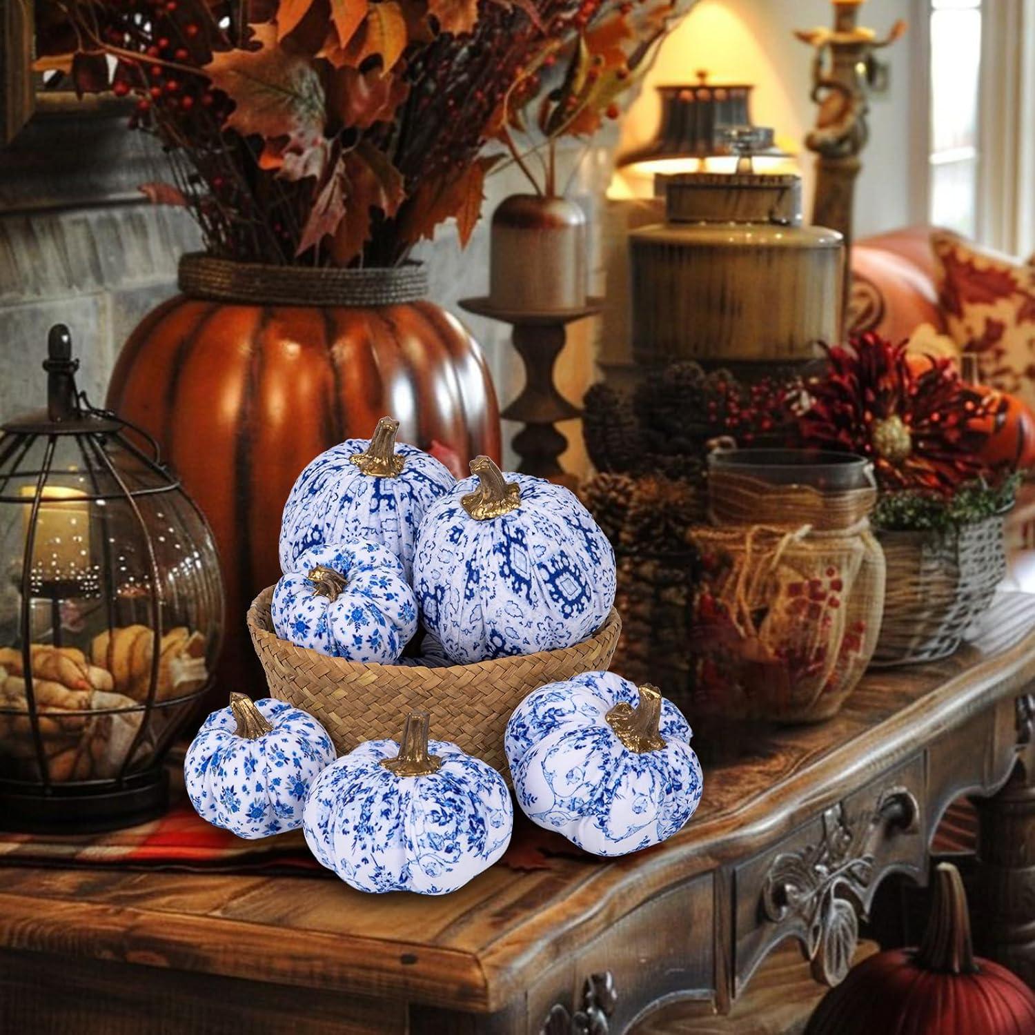 6er Set Künstlicher Kürbis Deko Herbst Halloween Tischdeko Blauer