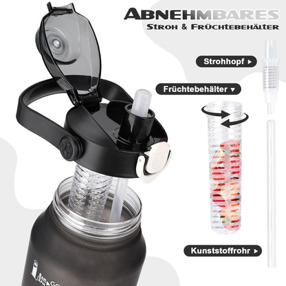 AOPREL Trinkflasche 2l mit Strohhalm & Früchtebehälter für