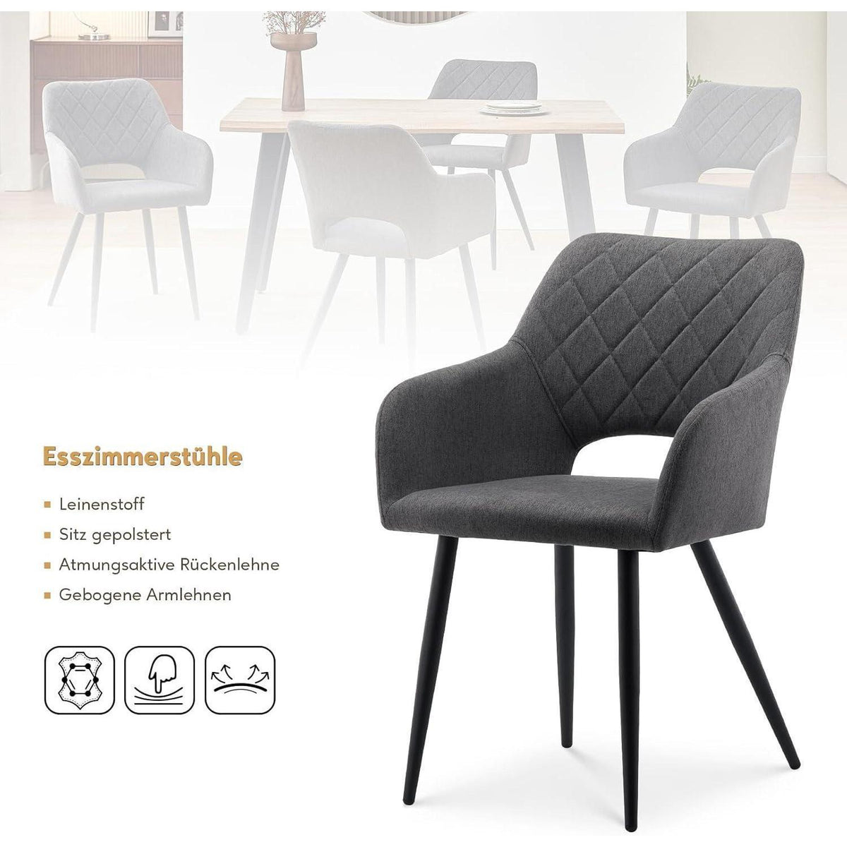 Esszimmerstühle Set 4 Grau, Gepolsterte Sitzfläche & Offene Rückenlehne