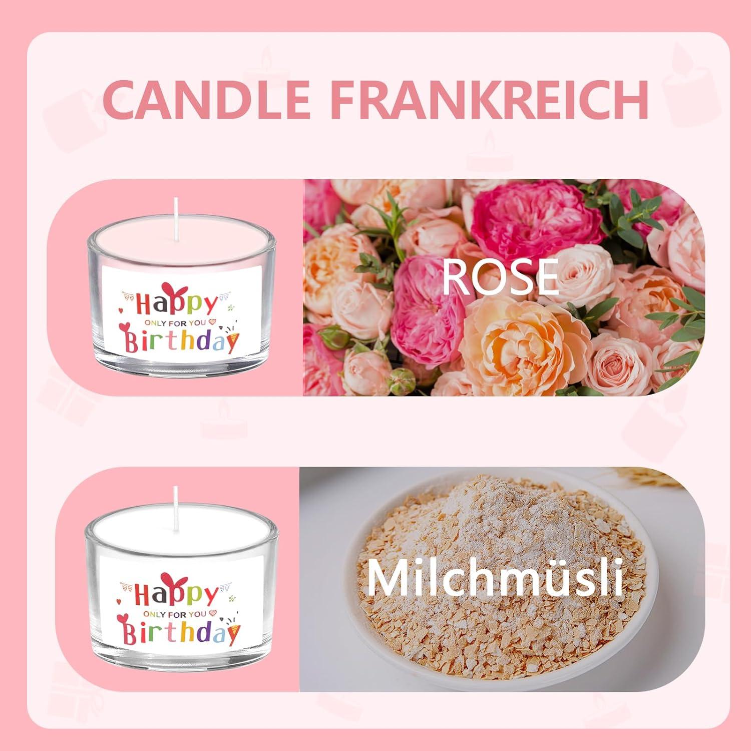 Happy Birthday Duftkerze im Glas Milchmüsli Rose