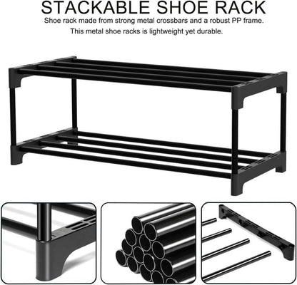 Schuhregal 2-stöckig Schwarz Stapelbar Platzsparend