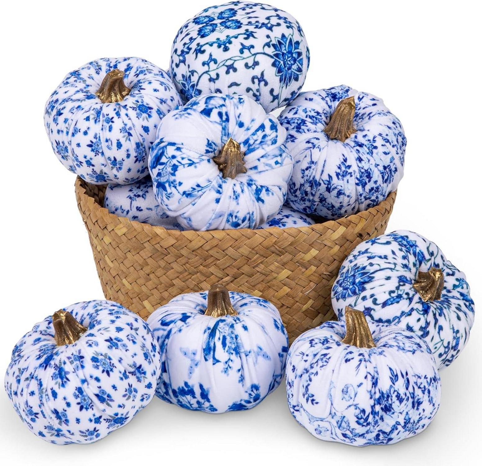 Künstlicher Kürbis Deko Set Herbst Halloween Wohnzimmer Blau Weiß 8er