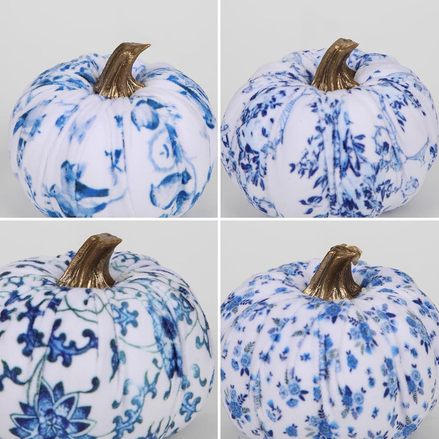 Künstlicher Kürbis Deko Set Herbst Halloween Wohnzimmer Blau Weiß 8er