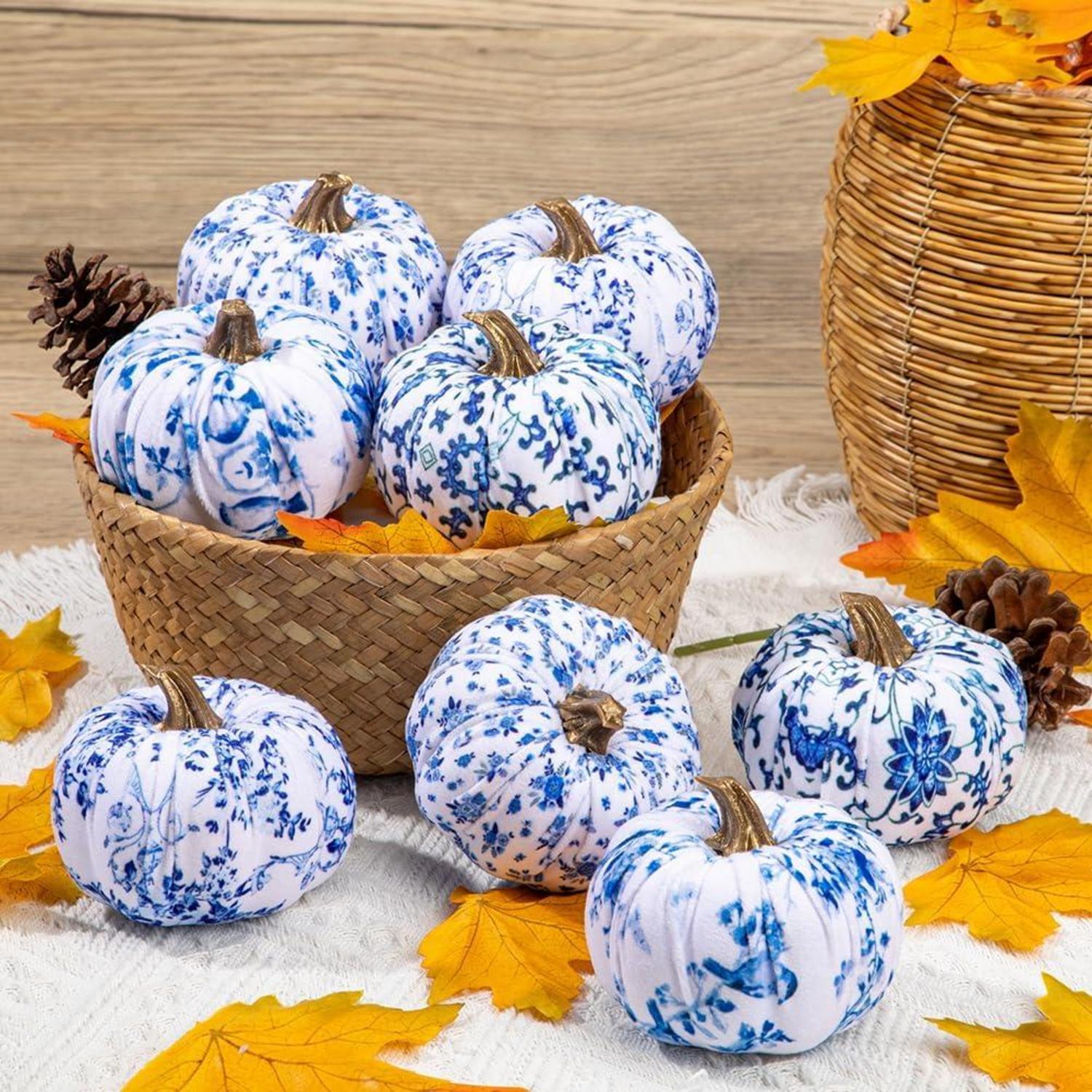 8er Set Blau-Weiße Kürbisse Herbstdeko Halloween Tischdeko