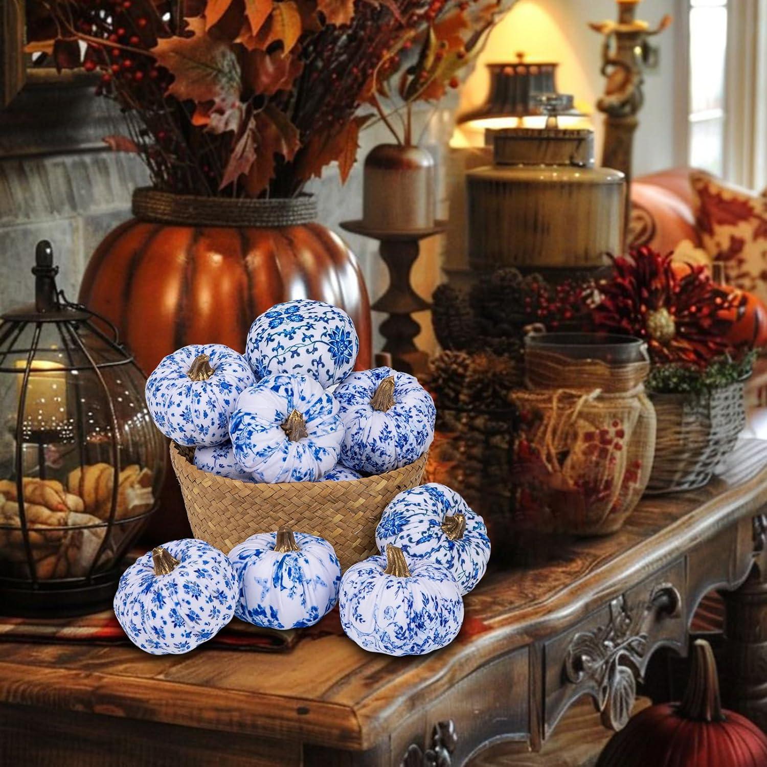 8er Set Künstlicher Kürbis Deko Herbst Halloween Blau Weiß Ottomane