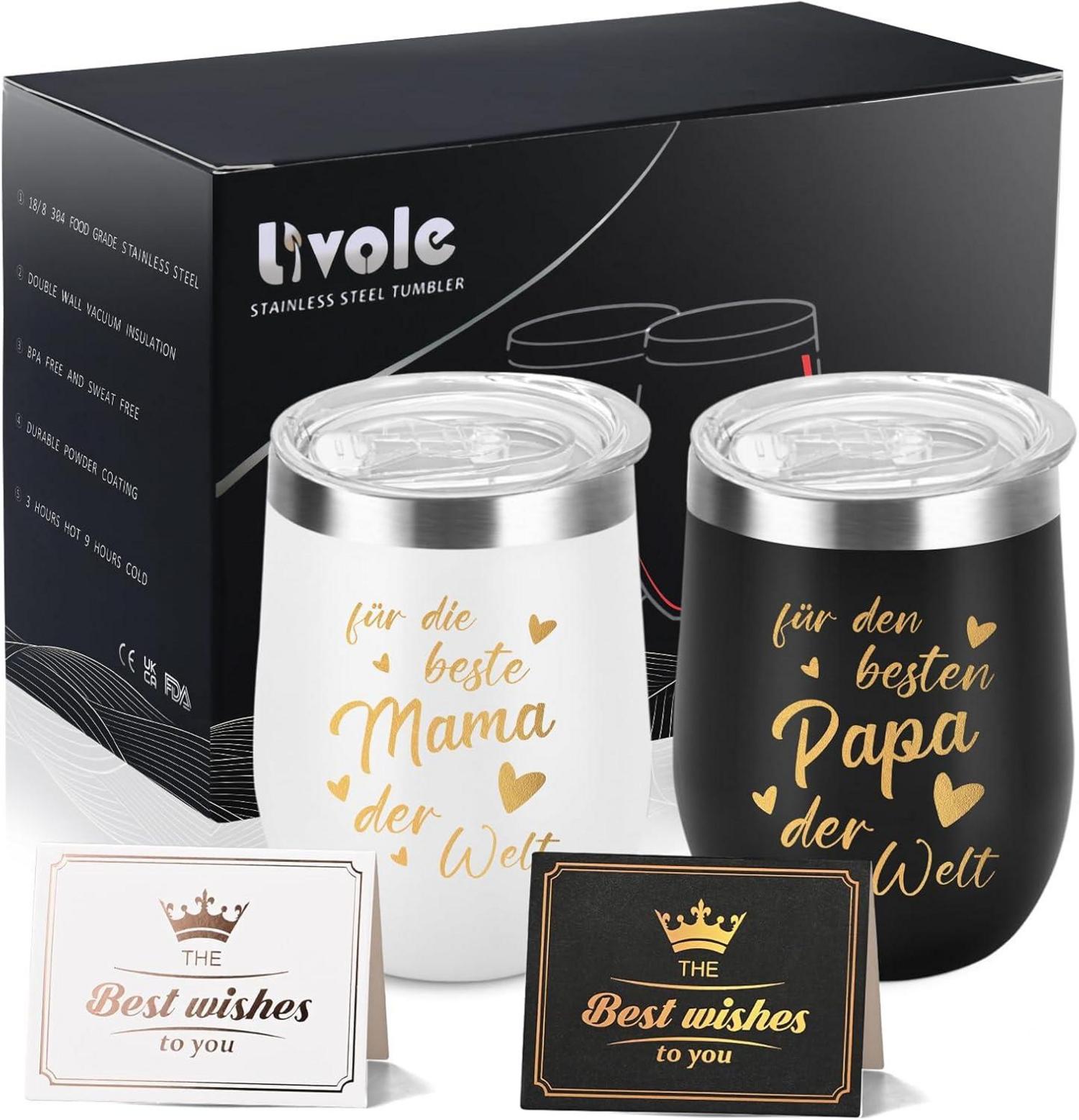 Livole Edelstahl Thermobecher 350ml 2er Set Schwarz Weiß - Geschenk