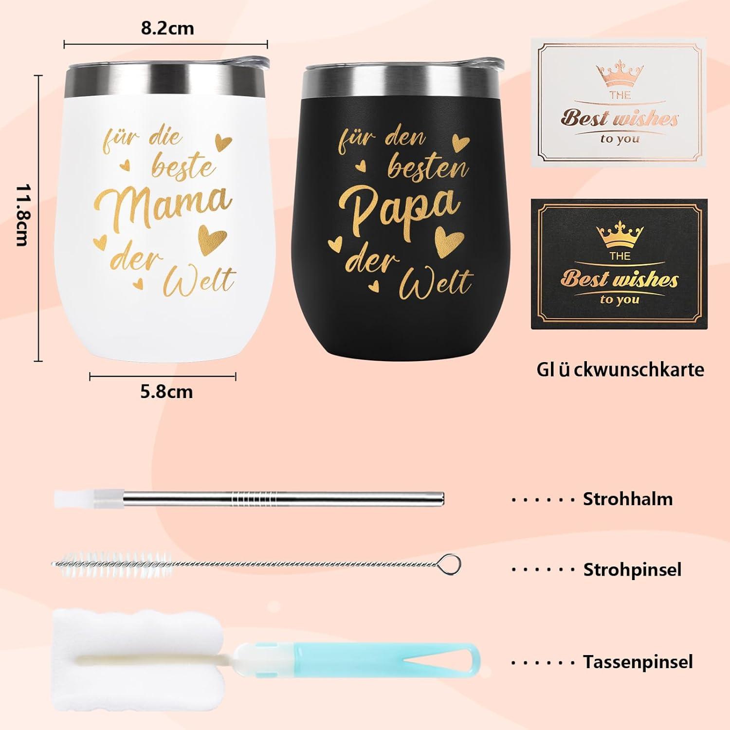 Geschenk für Mama und Papa Tasse 350ml Thermobecher Edelstahl Schwarz