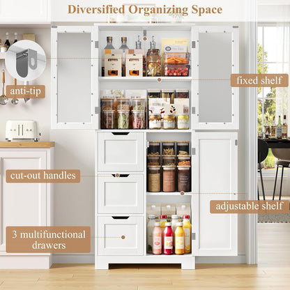Hochschrank Badezimmerschrank mit 3 Türen & Schubladen Weiß