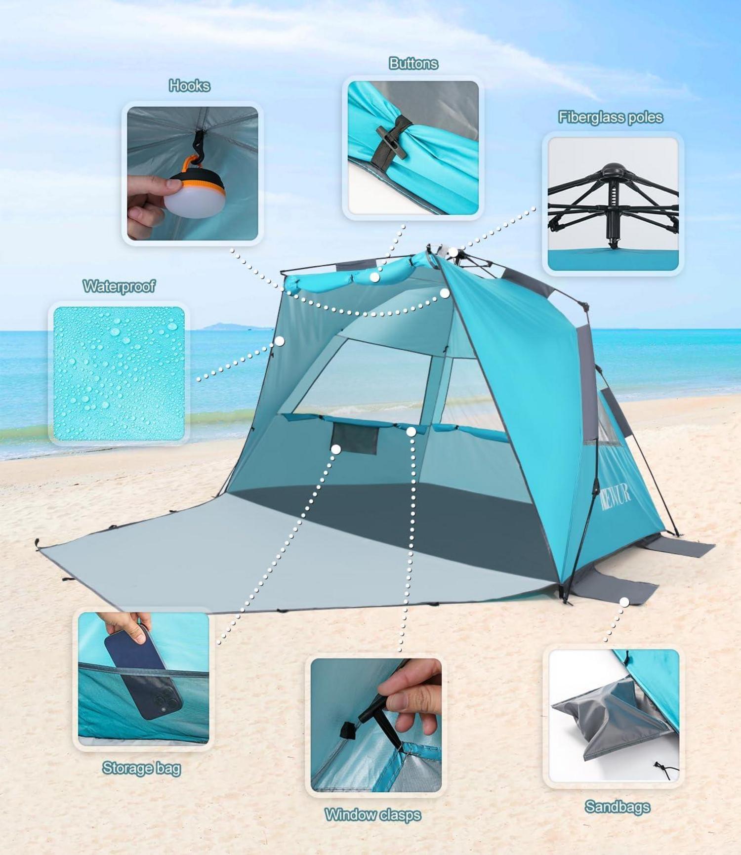 Pop Up Strandmuschel 3-4 Personen UV 50+ Wasserdicht Blau