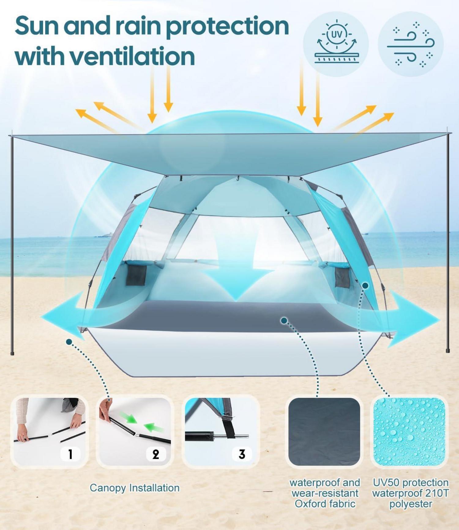 Strandmuschel Pop Up UPF 50+ Wasserdicht Blau 3-4 Personen