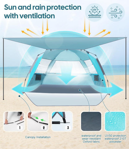 Strandmuschel Pop Up UPF 50+ Wasserdicht Blau 3-4 Personen