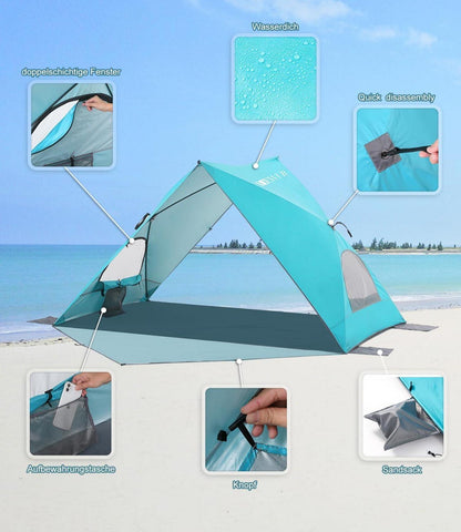 Dewur Dreieck Strandmuschel 2-4 Personen Pop Up Strandzelt mit Sonnensegel UPF 50+ UV Sonnenschutz Blau