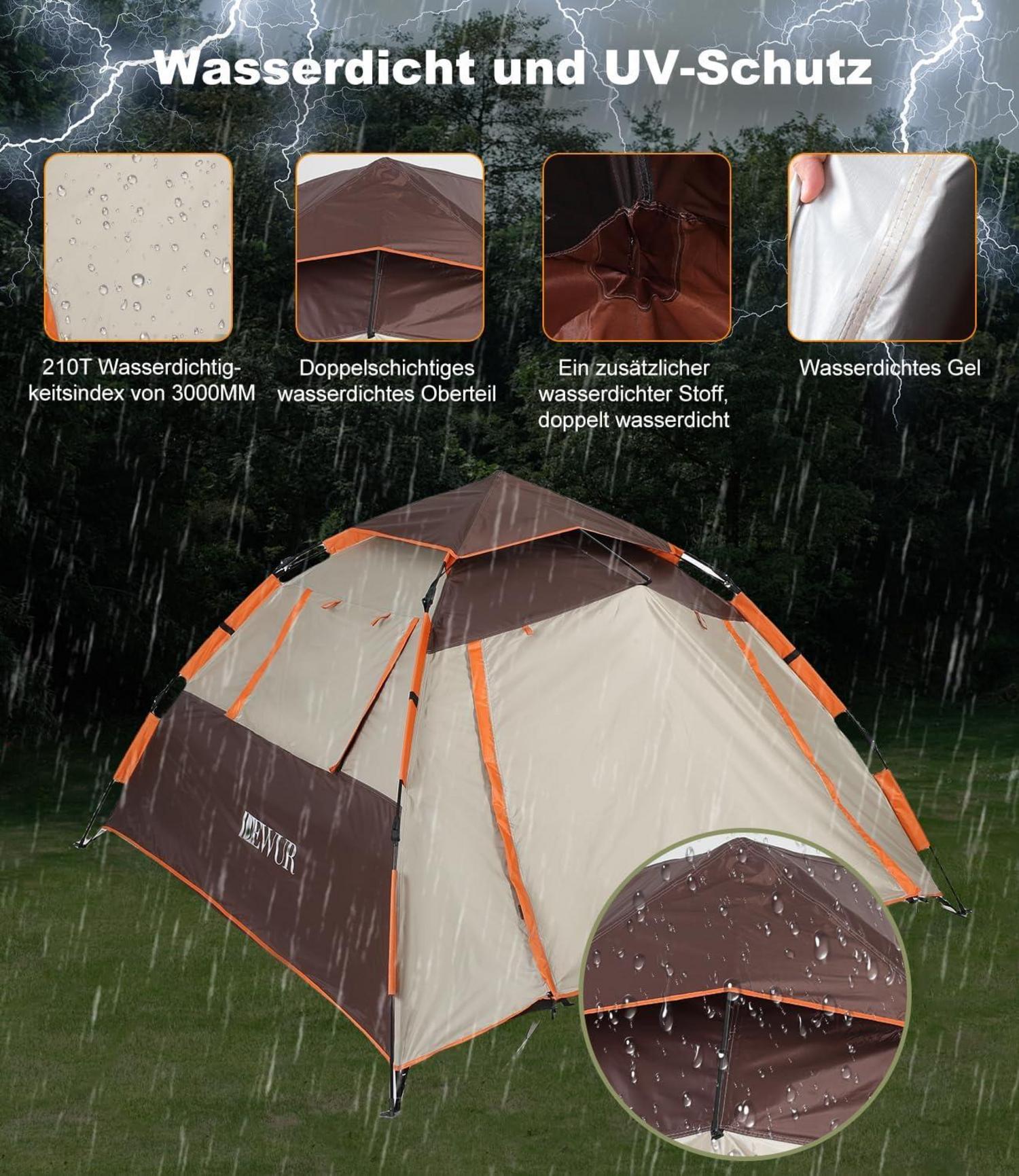 Dewur Camping Zelt 4 Personen Pop-up Kuppelzelt Wasserdicht Winddicht Mesh-Türafür Camping Wandern