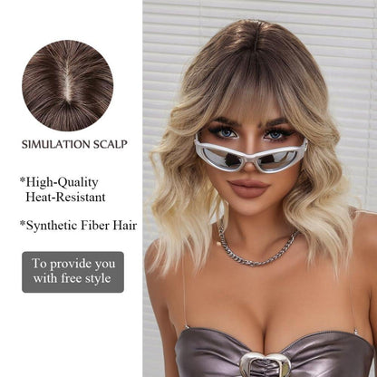 Ombre Blonde Kurz Gewellte Synthetische Haar Perücke mit Pony