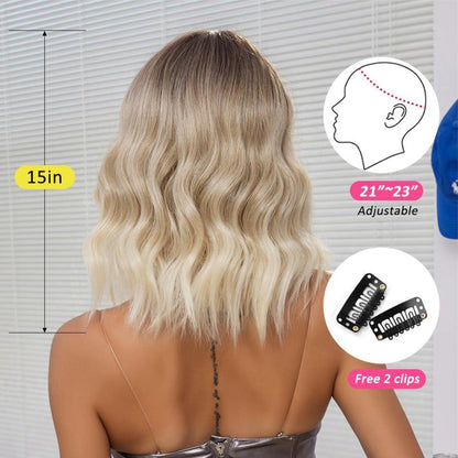 Ombre Blonde Kurzgewellte Perücke mit Pony, Hitzebeständig & Natürliches Synthetisches Haar