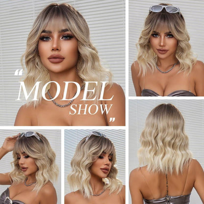 Blonde Ombre Kurze Gewellte Perücke mit Pony Hitzebeständig Cosplay Party
