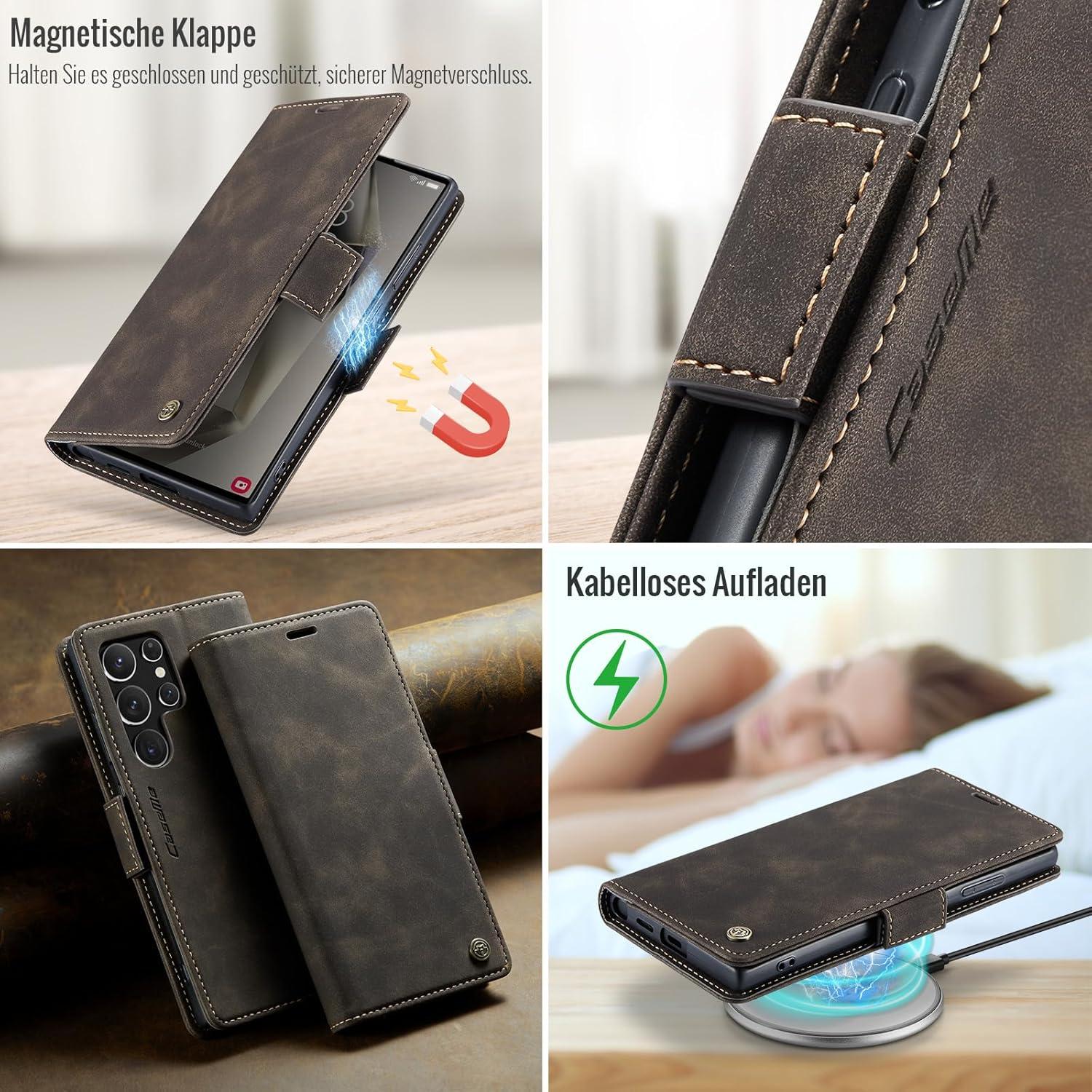 Handyhülle für Samsung Galaxy S24 Ultra 5G Klapphülle RFID Schutz Kartenfach Standfunktion Cover Kaffee