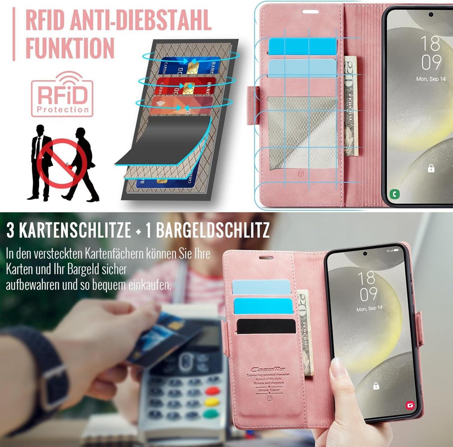 Samsung Galaxy S24 5G Hülle: Klappbare PU Lederhülle mit RFID Schutz, Standfunktion, 3 Kartenfächer - Rosa