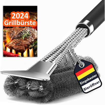 Hochwertige 3 in 1 Grillbürste mit Bieröffner und Spatel