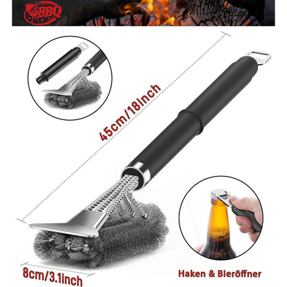 Hochwertige 3 in 1 Grillbürste mit Bieröffner und Spatel