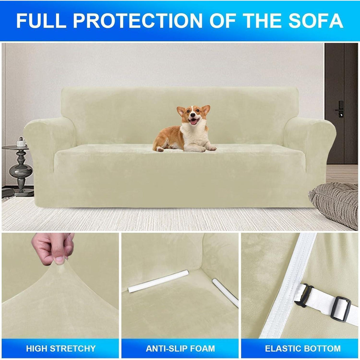Samt Sofaüberzug 2 Sitzer – Rutschfest & Pflegeleicht Beige
