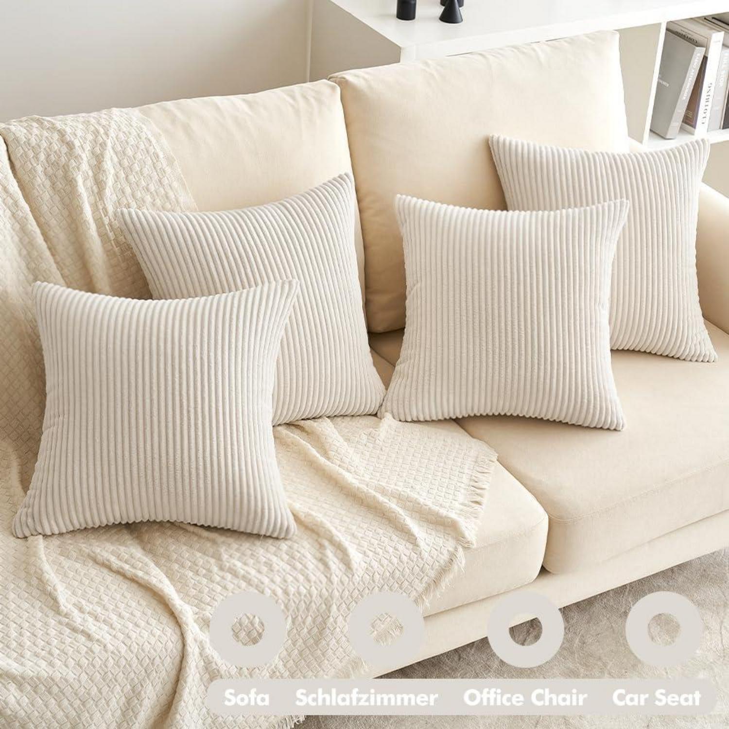 EMEMA Kordsamt Kissenbezug 4er Set 50x50cm Sofakissen Deko Creme