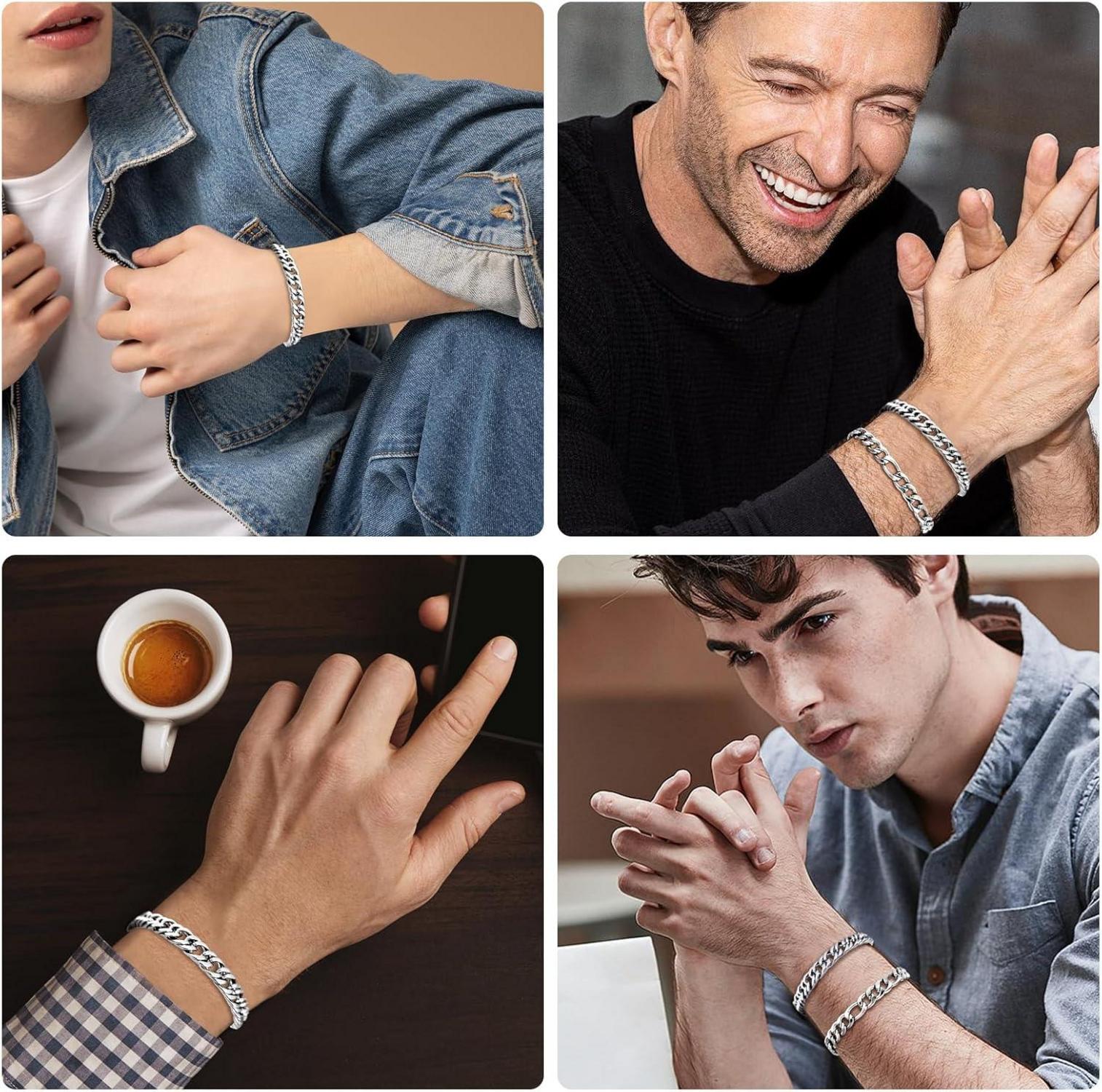 Armband Herren, 3 Stück Edelstahl Silber Panzerkette Figaro Kette