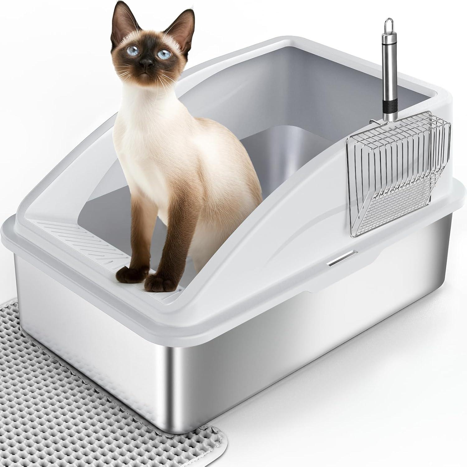 XXL Katzentoilette Edelstahl mit Streuschaufel und Matte