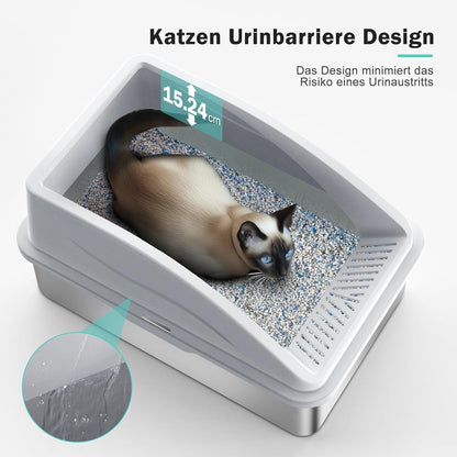 XXL Katzenklo Edelstahl mit Schaufel und Matte, Anti-Leckage Design, Große Katzentoilette