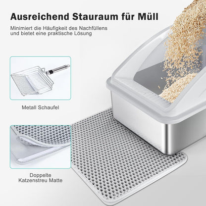 Katzentoilette XXL Edelstahl Groß Hohem Rand Metallschaufel