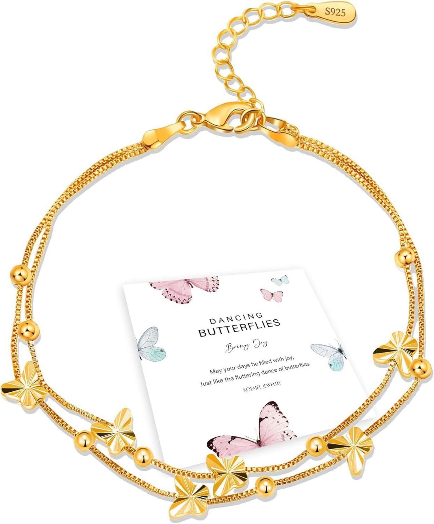 Schmetterling Armband Silber 925 Rosegold Perlen Layered Armkette 17,7