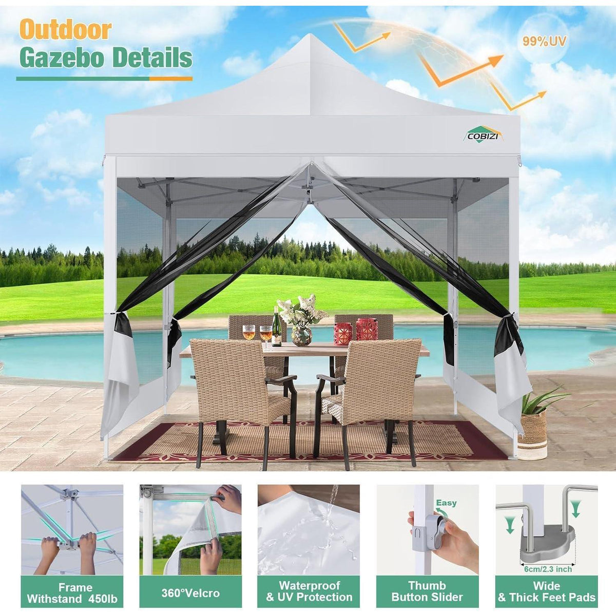Faltpavillon 3x3m mit Moskitonetz & UV-Schutz – Weiß